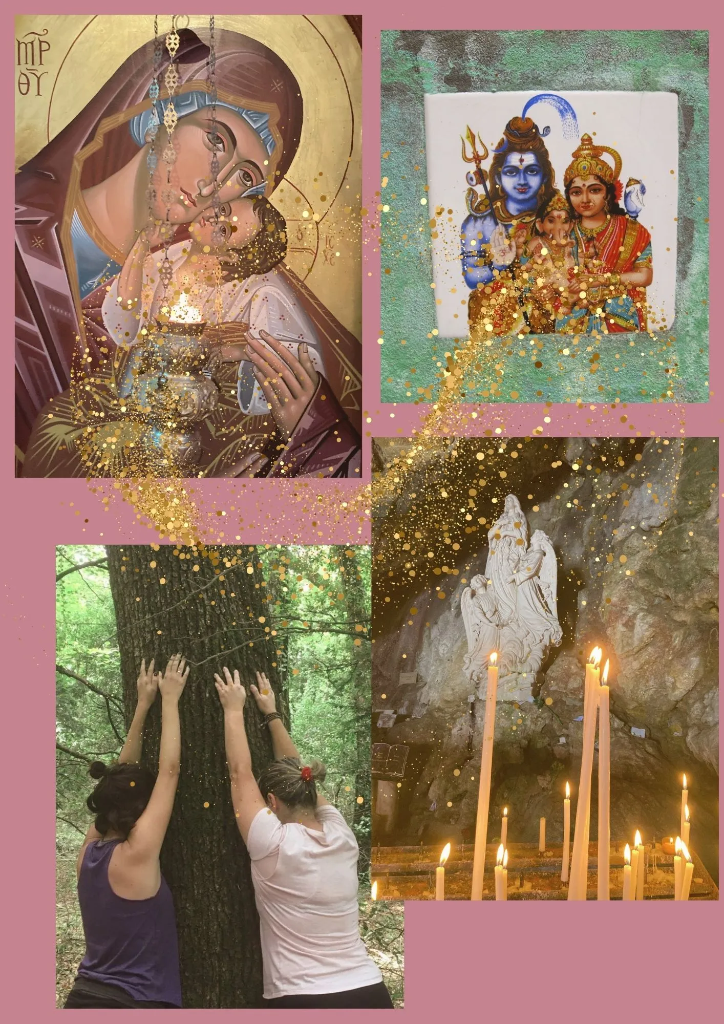 Collage spirituel de journées de cheminement spirituel : icônes sacrées Mère de dieu, image Shiva et Parvati grotte Marie Madeleine et femmes en pleine nature dans le Var