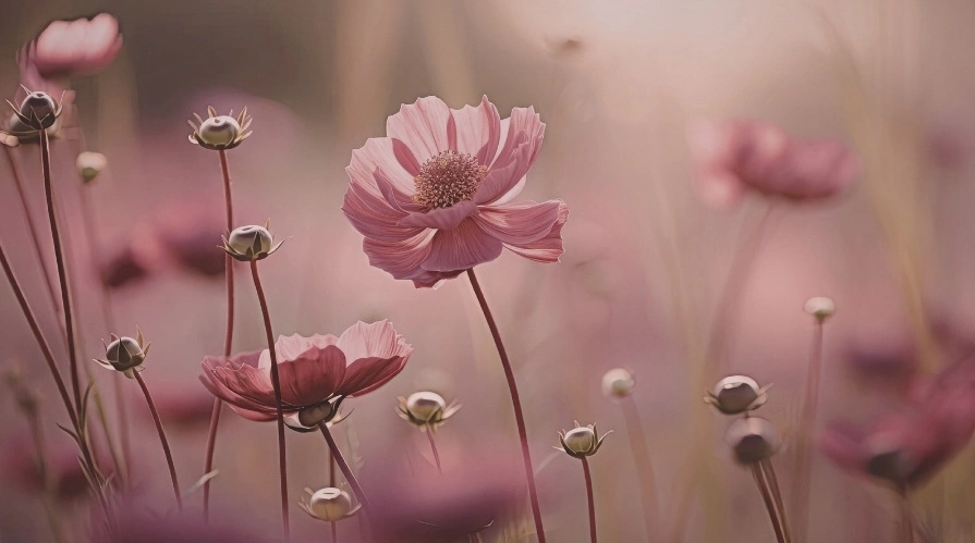 Cosmos roses en fleurs dans un champ, douceur naturelle pour illustrer un soin énergétique dans le Var