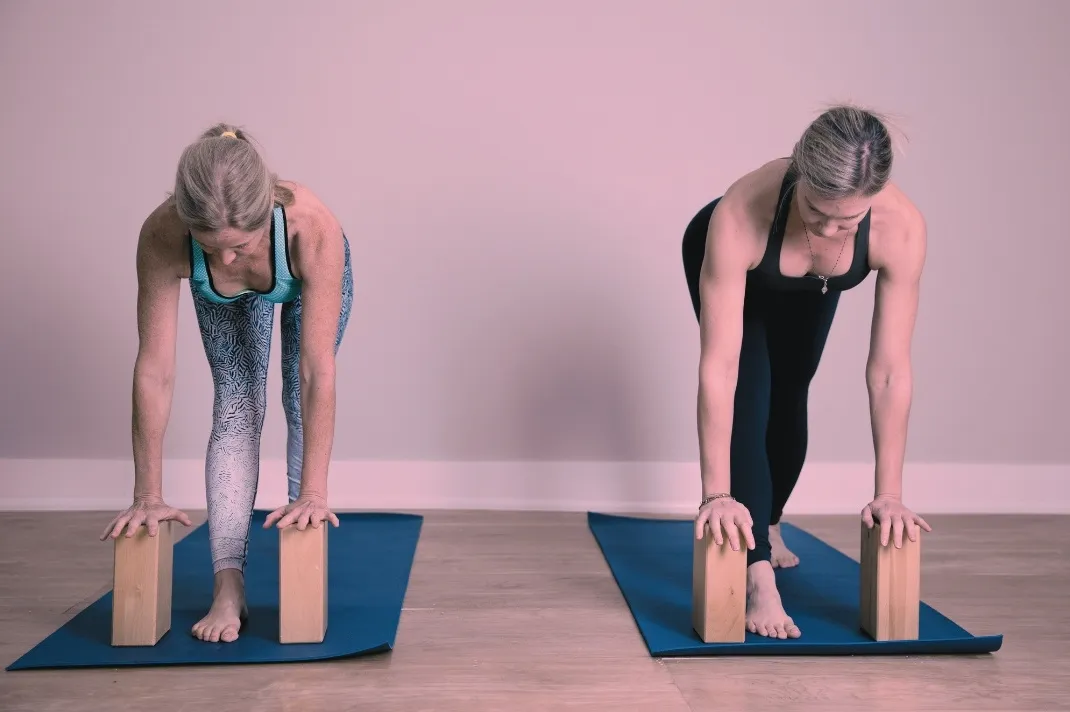 Deux femmes pratiquant une posture de yogathérapie avec briques en bois lors d'un cours particulier à Lorgues, Var.