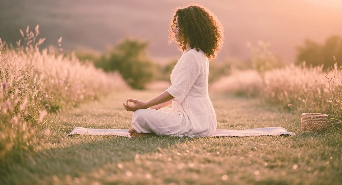 Femme en méditation sur un tapis dans la nature au coucher du soleil, séance de sophrologie dans le Var
