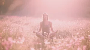Femme méditant en tailleur dans un champ de fleurs roses, séance de sophrologie en plein air dans le Var