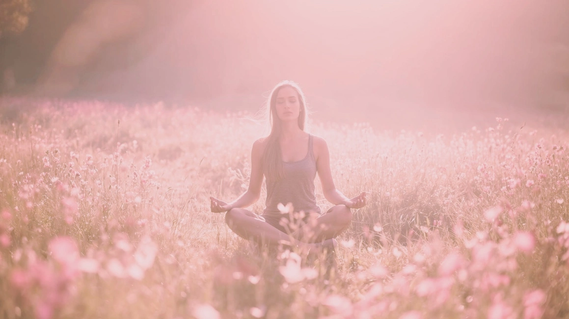 Femme méditant en tailleur dans un champ de fleurs roses, séance de sophrologie en plein air dans le Var
