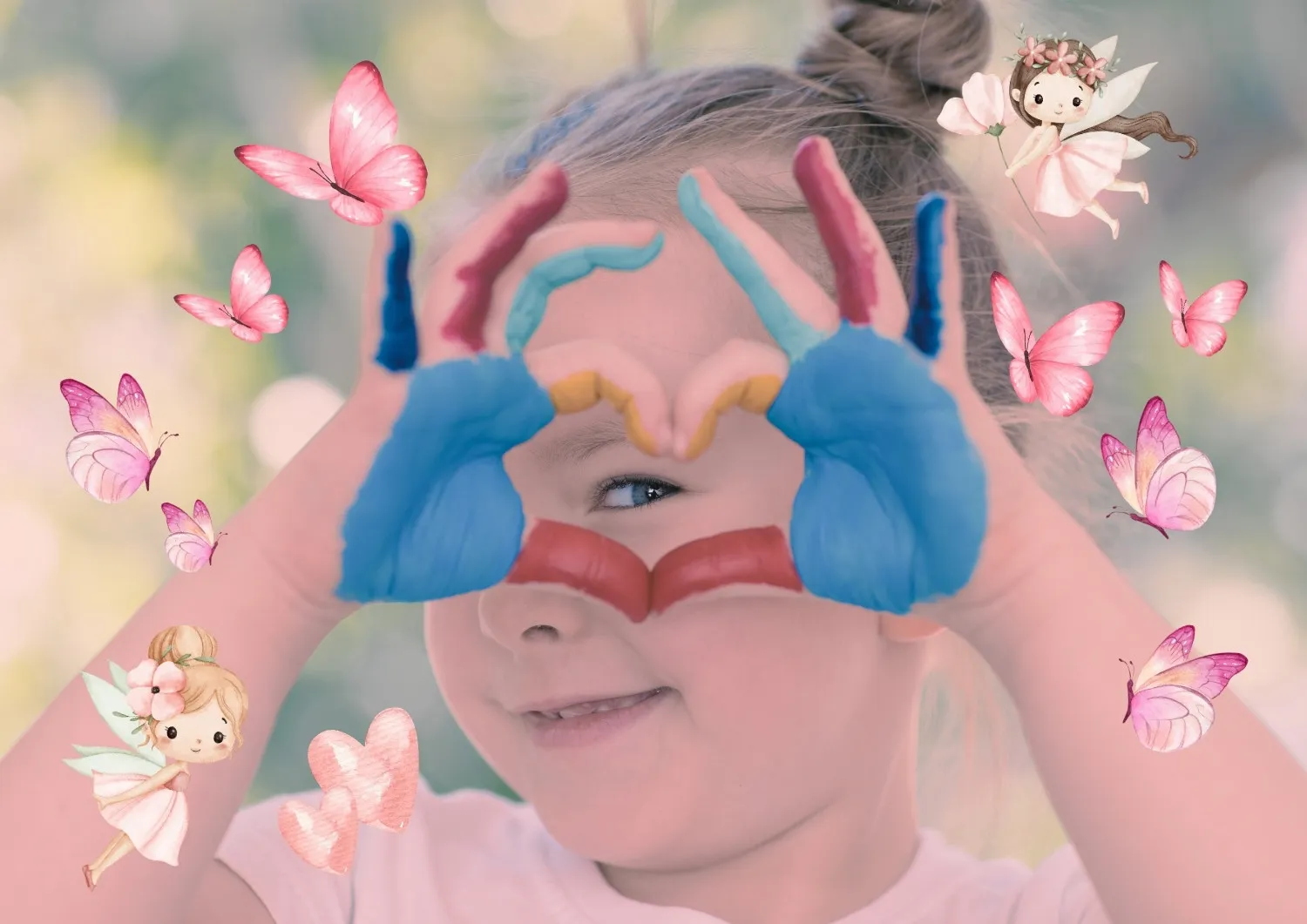 Petite fille souriante formant un cœur avec ses mains peintes lors d'un atelier ludique de sophrologie à Salernes, Var.