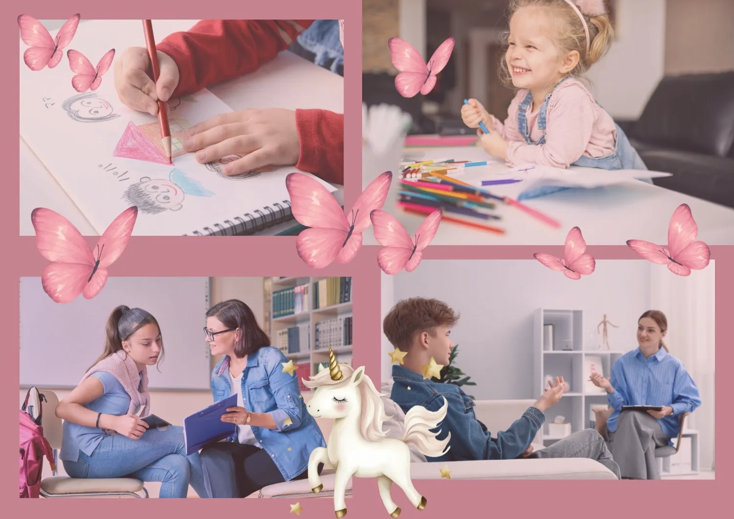 Montage montrant la sophrologie pour enfants et adolescents via le dessin en phénodescription et des séances en cabinet près de Flayosc.