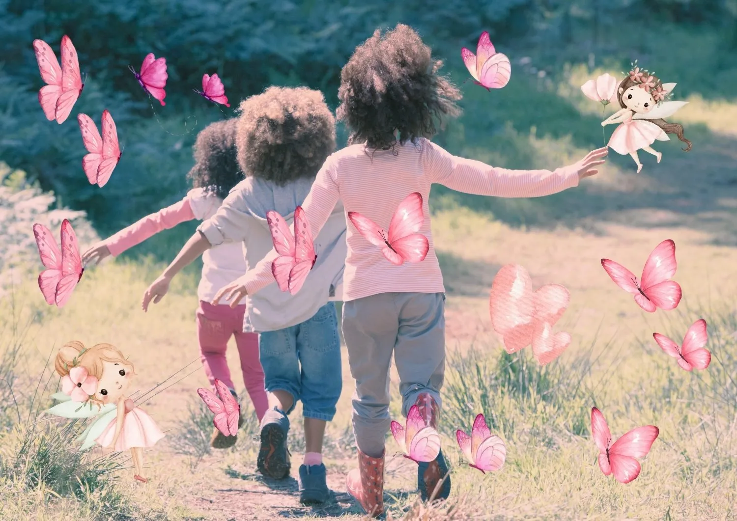 Trois enfants courent joyeusement dans un chemin en pleine nature pour un atelier de sophrologie aux Arcs dans le Var.