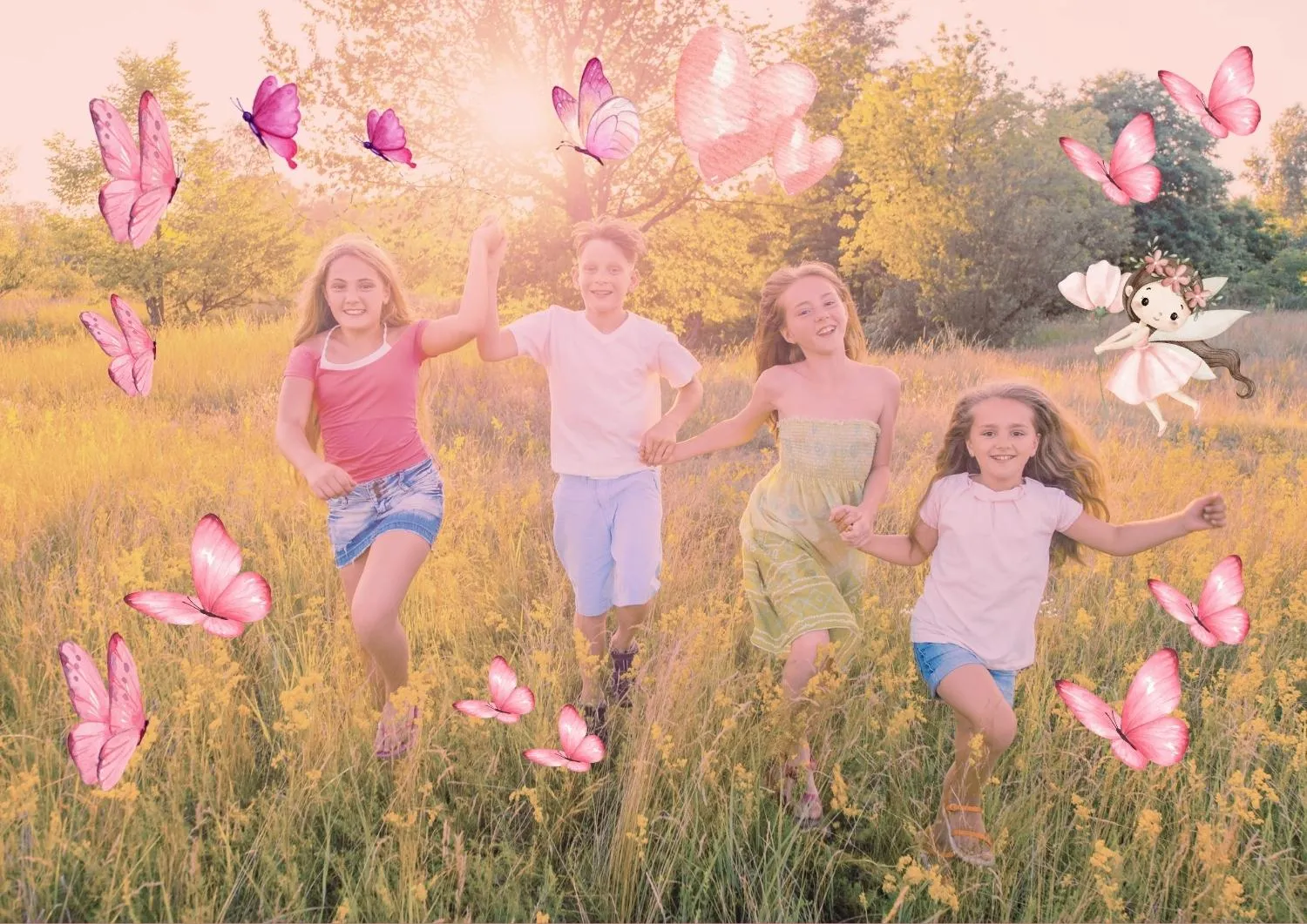 Groupe d'enfants courant joyeusement main dans la main dans une prairie lors d'un atelier sophrologie plein air à Taradeau, Var.