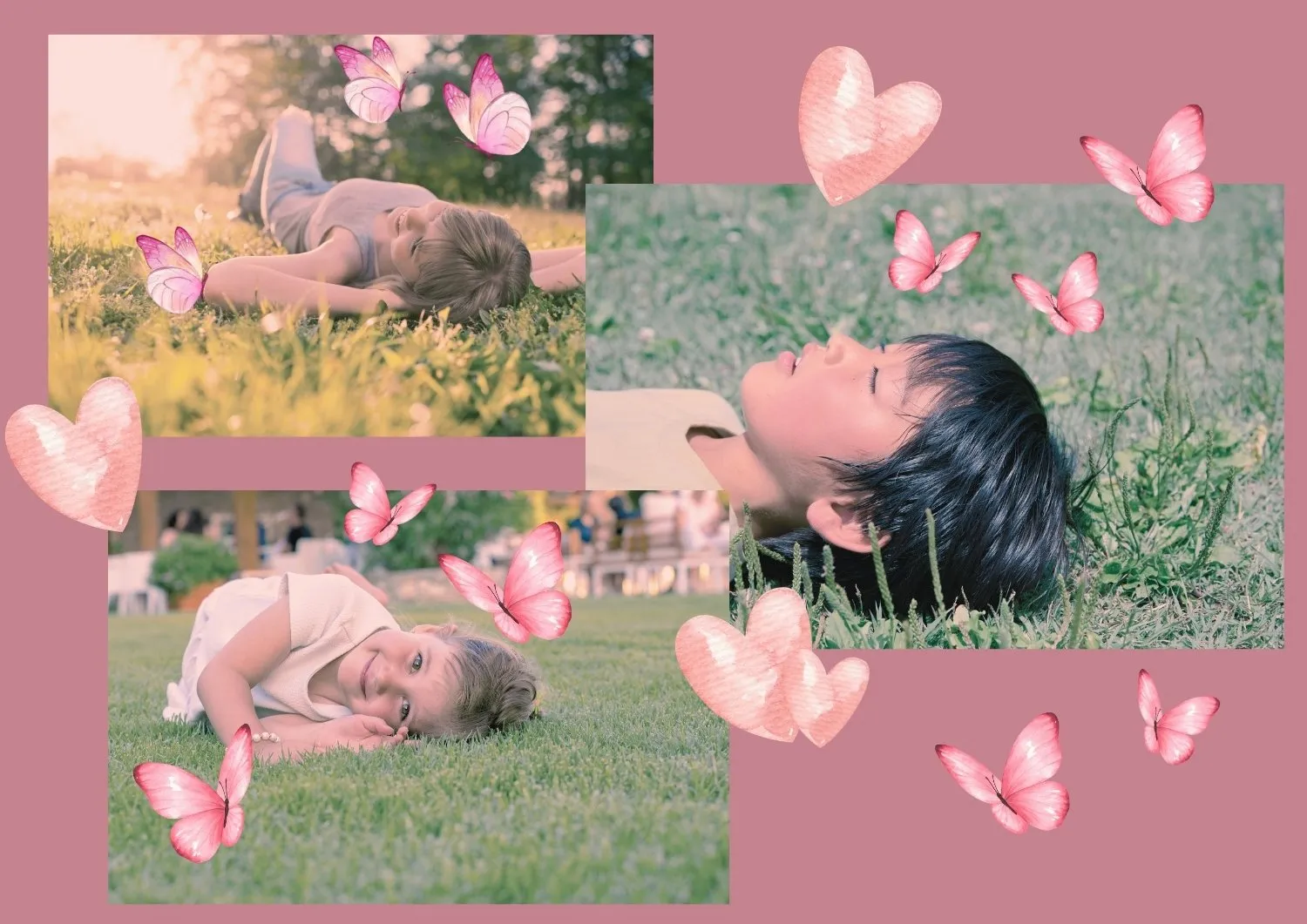 Montage de visuels d'une femme et d'enfants allongés dans l'herbe pour une séance de sophrologie aux Arcs dans le Var.