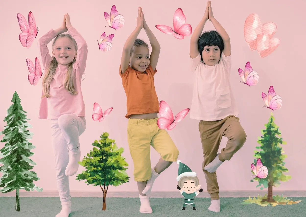 Trois enfants réalisant la posture de l'arbre lors d'un atelier ludique de yoga à Salernes dans le Var.